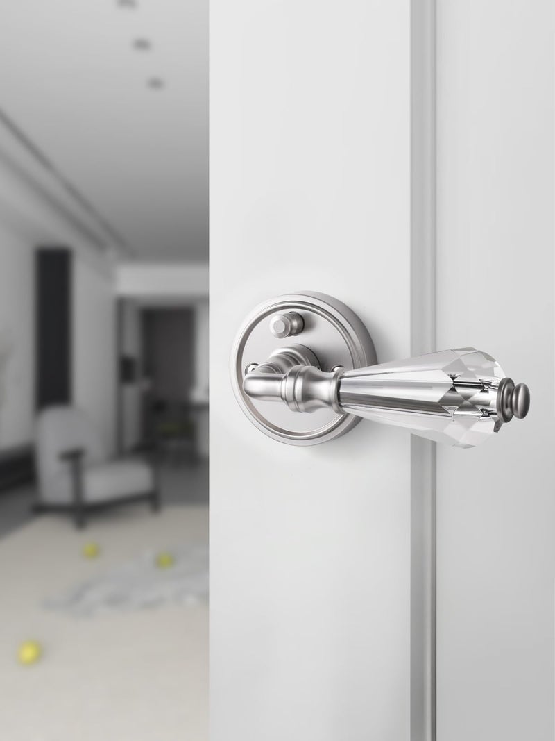 SORWDUERM 1 Pack Brushed Nickel Glass Door Lever Privacy Crystal Door Levers Satin Nickel Door Lever Interior Door Handle for Bedroom and Bathroom,Zinc Alloy - Image 3